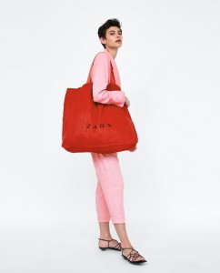 czerwona torba typu shopper z logo zara - zara